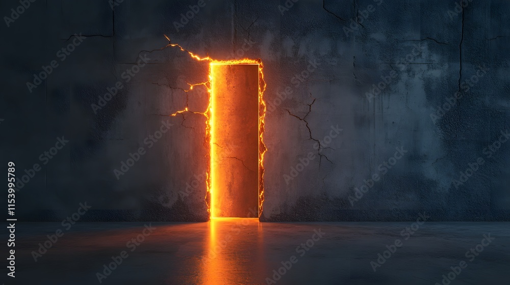 Poster futuristic illuminated doorway in a dark room representing possibilities and transitions with glowin