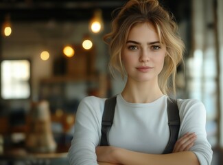 Caucasian young female in cozy coffee shop setting with warm lighting