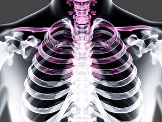 Anatomy, skeleton, ribcage, heart, nerves, spine, bones, medical, x-ray, illustration, human body, chest, shoulders, glowing, orange, blue, veins, arteries, circulatory system, nervous system, educati