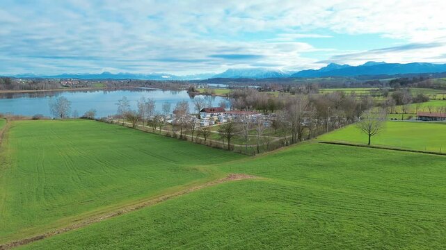 Drone view captured in flight at Lake Waging, Traunstein, Bavaria, Germany