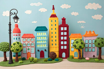 Fototapeta premium A captivating cityscape entirely made of crochet, showcasing intricate details and vibrant colors that bring the scene to life. The buildings vary in height and design - generated by ai