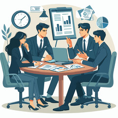 partners meeting for business discussion with documents and laptop on desk.couple at round table ,speaking ,discussing work,partnership.flat vector illustration isolated on a white background