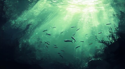 Fototapeta premium Minimalist Underwater Scene: Swarm of Fish Swimming in the Ocean with Sunlight Filtering Through. AI generated illustration