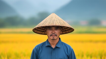 Obraz premium A portrait of a man wearing a traditional straw hat, standing in a vibrant rice field surrounded by lush green mountains, capturing the essence of rural culture and agriculture.