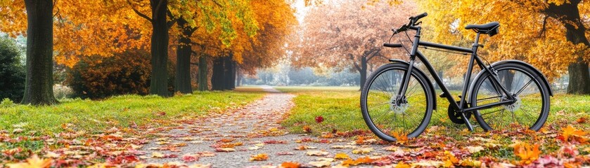 Naklejka premium A serene autumn scene with a bicycle on a path surrounded by colorful fall foliage.