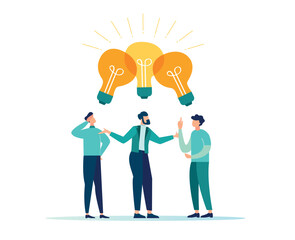 Exchange of ideas, collaboration, teamwork, smart thinking businessmen, office workers unite to share the idea of a light bulb, vector illustration