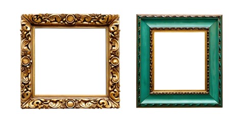 Green carved wooden frame. Carved gilded frame on isolated background, Neoclassical full picture frame.