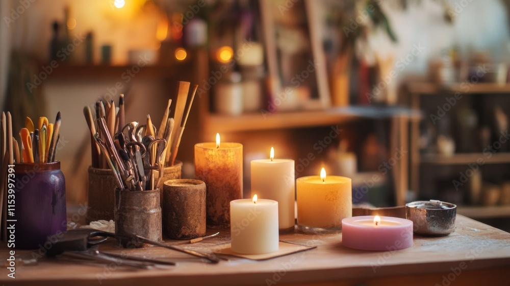 Poster a well-lit room with candle-making supplies and tools arranged on a table, an inviting space with ma