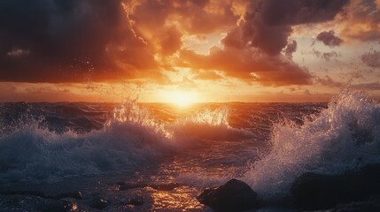 Sunset Over the Sea: Splashes of Water on Rocks with Sunlight Rays and Dramatic Clouds. AI generated illustration