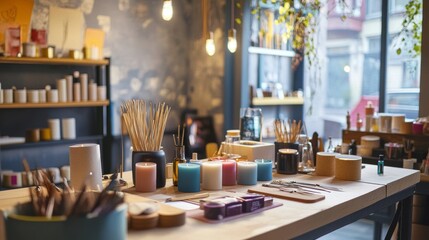A well-lit room with candle-making supplies and tools arranged on a table, An inviting space with materials for crafting candles, Artistic craft style