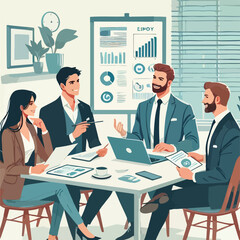 partners meeting for business discussion with documents and laptop on desk.couple at round table ,speaking ,discussing work,partnership.flat vector illustration isolated on a white background