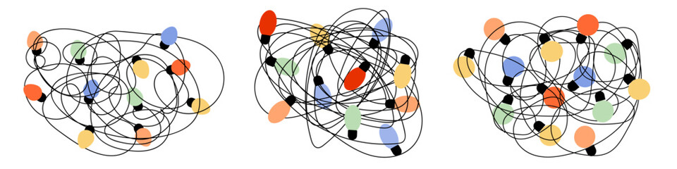 Set of tangled Christmas lights, each isolated on white. Cute colorful decoration light bulbs.