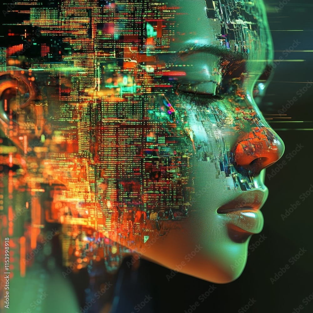 Poster Digital Human Face With Glowing Data Patterns and Technological Elements in an Abstract Representation of Artificial Intelligence and Advanced Computing