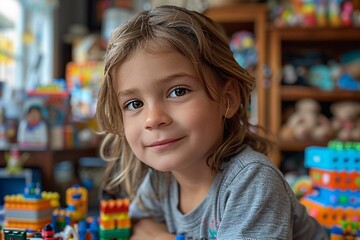 A happy child with light brown hair enjoys creating shapes with vibrant building blocks. The room is filled with toys and colorful decor, showcasing a lively play environment