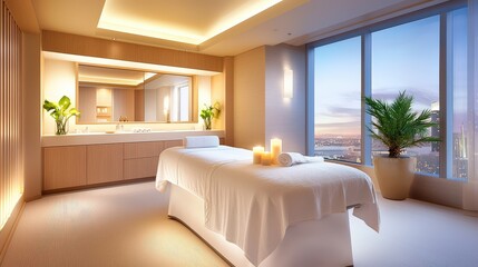 Fototapeta premium A luxurious spa setting showcasing a massage table, aromatic candles, and plush towels in a calming environment.