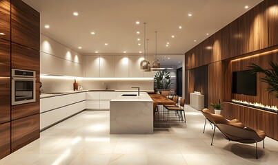 Fototapeta premium a Modern Kitchen with Crisp White and Rich Wood Elements