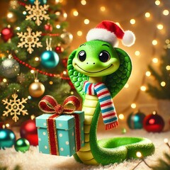 Green snake, symbol of the New Year 2025. The snake gives a New Year's gift. Generative AI.