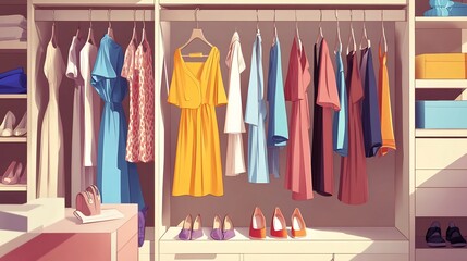 Stylish Women's Clothing and Shoes in a Well-Organized Closet