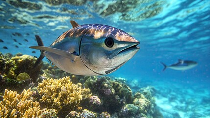 Naklejka premium Raising Awareness About Tuna's Role in Marine Ecosystems with a closeup of vibrant coral reefs beneath a school of tuna swimming in clear blue water