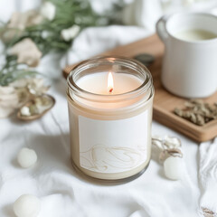 Burning candle, natural wax in glass jar, white label mockup in beige boho style. Candle jar with empty sticker template. Homemade candle with festive decorated white background with dried flowers