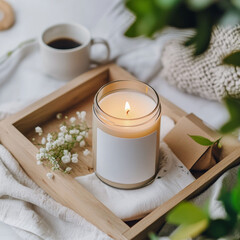 Minimal candle with empty label, Candle Mockups, dried flowers