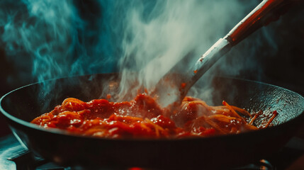 Cooking spaghetti with rich tomato sauce creating flavorful steam in a frying pan over a stove
