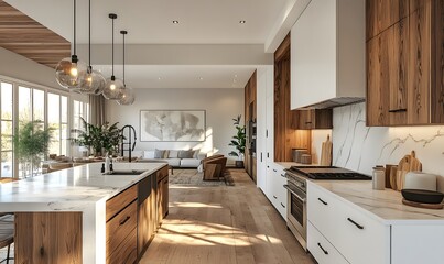 Fototapeta premium a Modern Kitchen with Crisp White and Rich Wood Elements