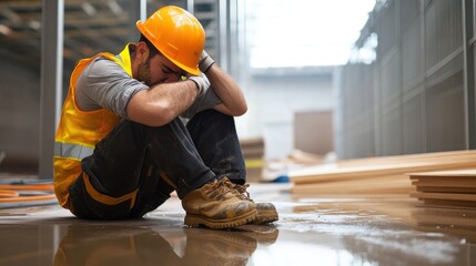 Construction worker slip accident construction site image indoor environment close-up view safety awareness
