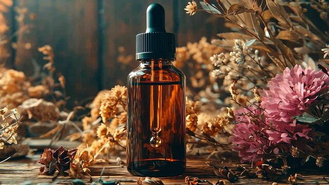jar with essential oil of medicinal herbs. Selective focus