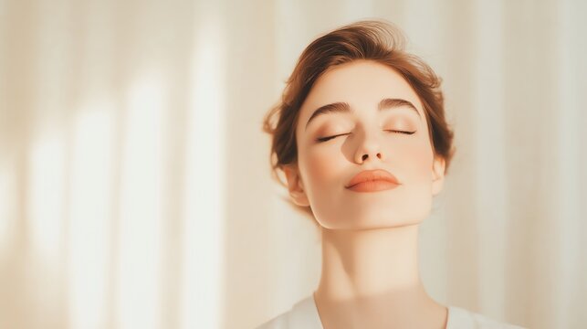 A serene woman with closed eyes, embracing tranquility and inner peace against a soft, light background. Perfect for themes of relaxation, mindfulness, and well-being.