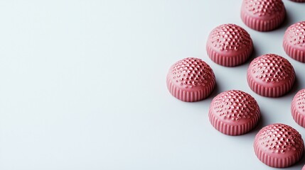 Pink textured spheres arranged diagonally on a light gray background, leaving copy space.