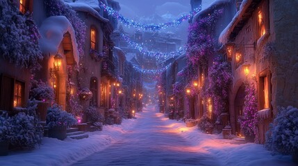 Obraz premium Charming snowy village street at night