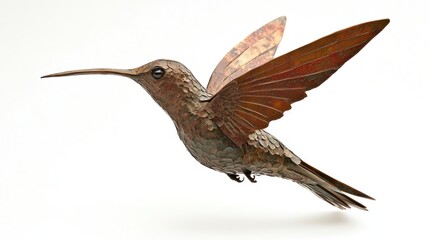 Fototapeta premium Metal hummingbird sculpture in flight, detailed texture, copper tones.