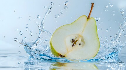 A green pear is floating in a pool of water