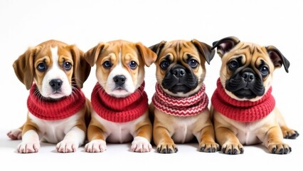 Charming dogs of different breeds (beagle, corgi, French bulldog) with warm scarves on their necks on a white background. Place for text. The concept of caring for animals during the cold season