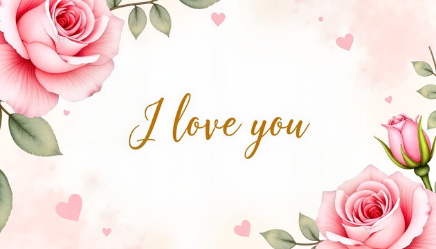 I Love You text with pink roses and hearts background
