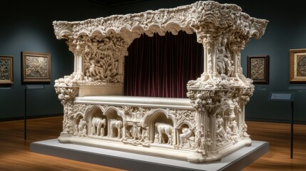 Naklejka premium Elegant throne with detailed carvings and plush velvet, showcased on a platform in an art gallery