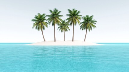 Five palm trees on a small, sandy island in a tranquil ocean.