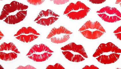 Red and pink lipstick kiss prints on white background