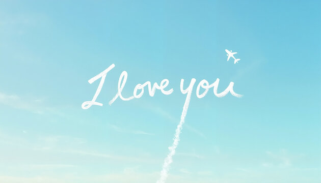 "I love you" skywriting with airplane in blue sky