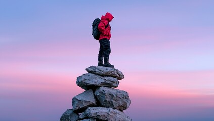 Symbolizing visionary leadership is a silhouette at sunrise on a peak overlooking the city.