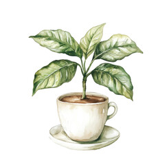 Charming Watercolor Illustration of a Coffea Plant in a Rustic Pot with Saucer