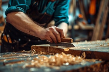 Close up hands of carpenter working on a piece of wood in her workshop