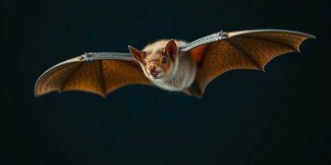 Obraz premium A small bat in flight against a dark background, showcasing its detailed wings and furry body