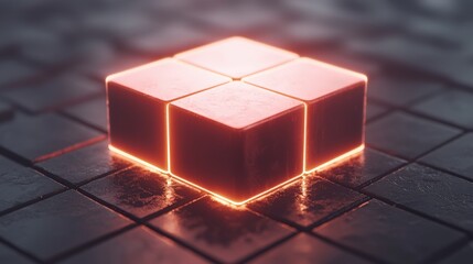 A glowing, red cube sits illuminated on a reflective surface, showcasing a sleek design amid a dark, moody environment.