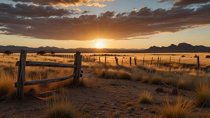 Obraz premium Golden Hour Sunset Over African Savanna with Acacia Trees V5