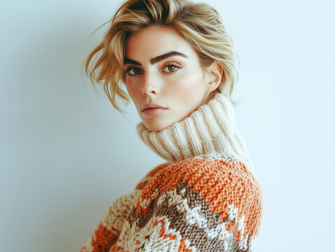 Gros plan d'une femme portant un pull en laine &agrave; grosses mailles, col roul&eacute;, de couleur jaune avec motif jacquard de style islandais, mode d'hiver pour pr&ecirc;t &agrave; porter
