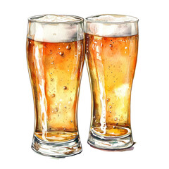Artistic Illustration of Two Glasses of Beer with Foam and Bubbles in a Vibrant Watercolor Style