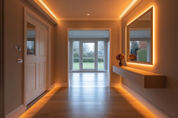 A chic hallway has a slim console table and large mirror, with warm lighting for a cozy feel