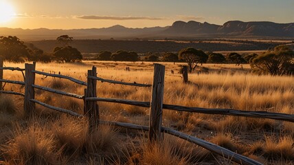 Obraz premium Golden Hour Sunset Over African Savanna with Acacia Trees V7